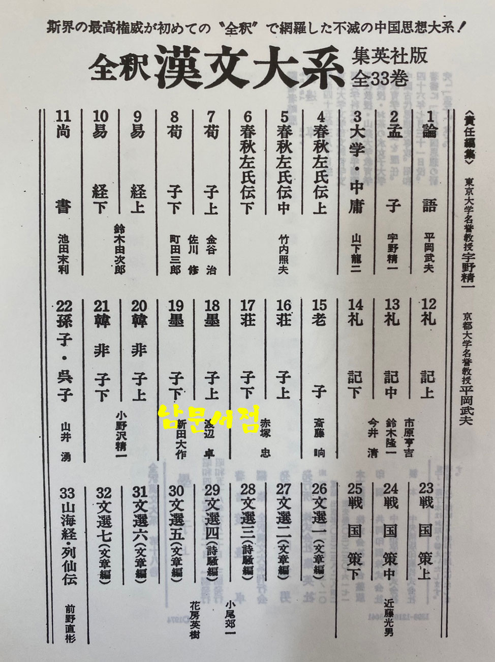 전석한문대계 1~33 전33권 완질 全釋漢文大系 소화58년(1983년판)