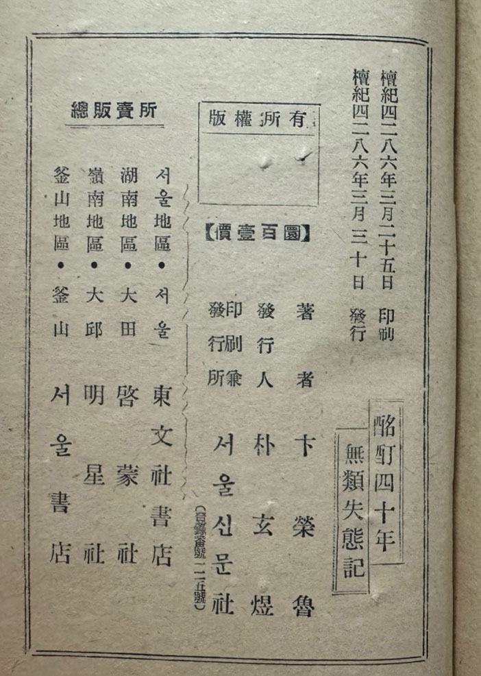 명정사십년 무류실태기 부 남표기 / 변영로 / 서울신문사 / 1953년 초판본 / 189페이지