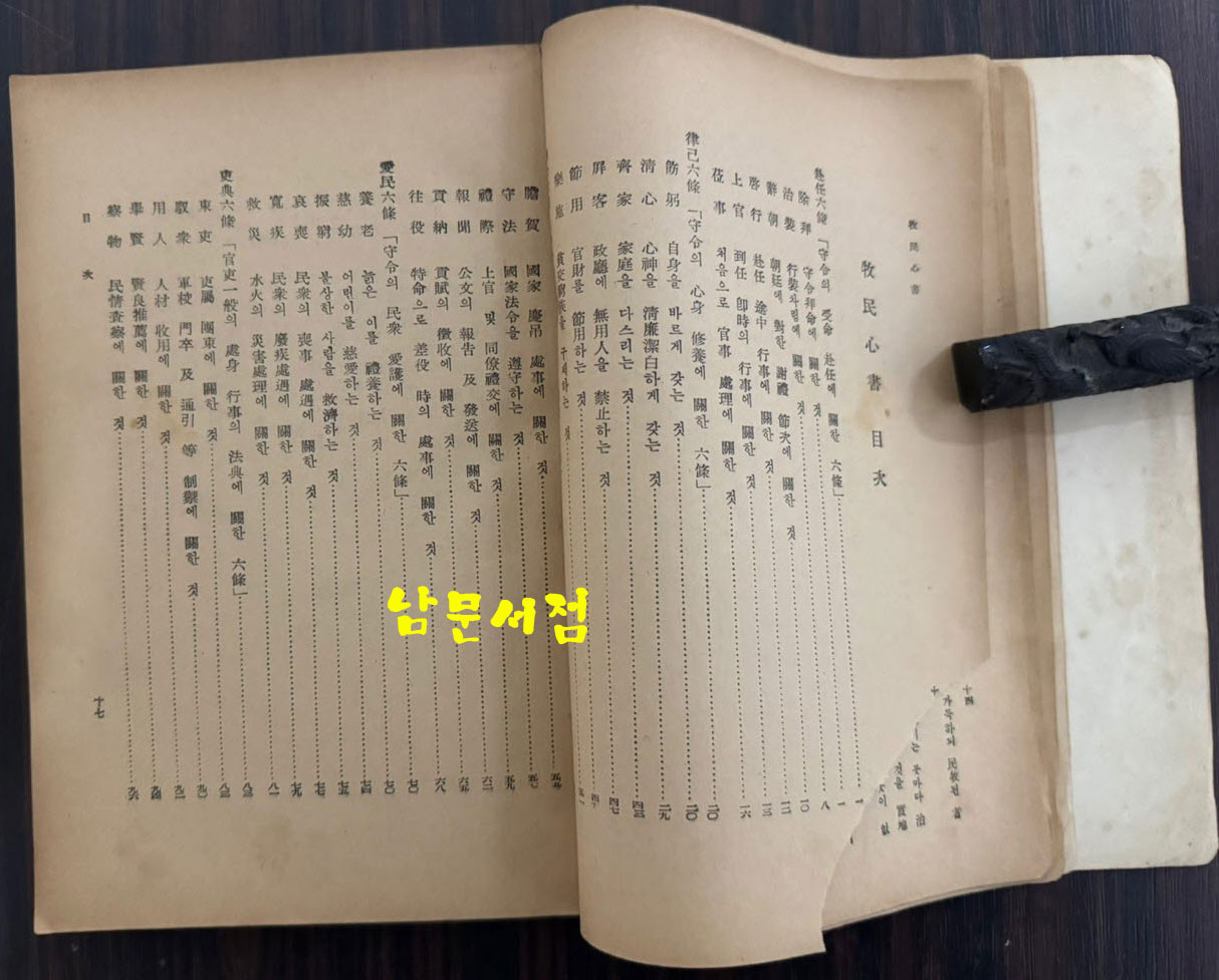 완역 목민심서 / 정약용 원창규역 / 신지사 / 1956년 초판본 / 306페이지 / 뒷표지 낙장