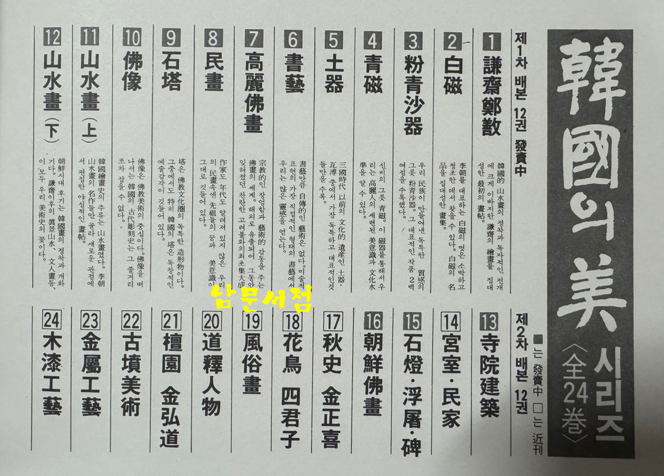 한국의미 전24권 완질 / 중앙일보 / 계간미술 / 198-90년대 / 겸재정선,백자,분청사기,청자,토기,서예,고려불화,민화,석탑,불상,산수화 상.하, 사원건축,궁궐민가, 석등, 조선불화,추사 김정희, 화조사군자,풍속화,인물하,단원 김홍도, 고분미술,금속공예,목칠공예
