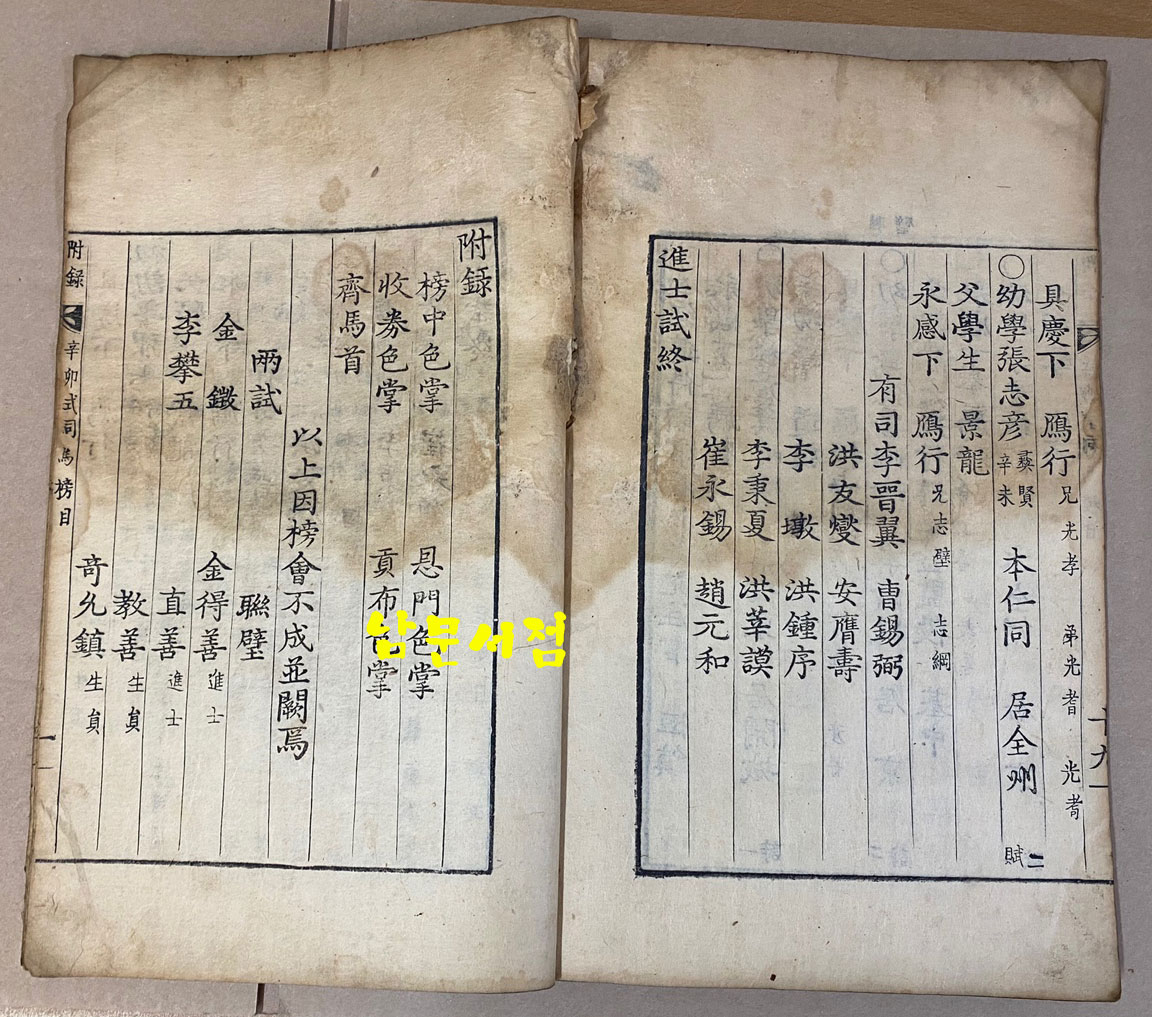 崇禎紀元後四辛卯式司馬榜目 숭정기원후사신묘식사마방목 1831년 금속활자겹장본 / 목록 겹1장 생원시 겹19장 진사시 겹19장 부록 겹5장 합 겹장44장